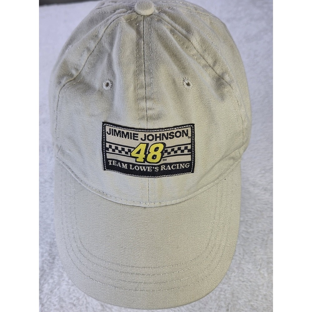 Vintage Jimmie Johnson 48 Team Lowe's Racing Strapback Hat NASCAR Dad Cap Beige